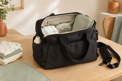 Sac à langer noir ouvert avec couches pliées et matelas à langer dans un intérieur lumineux.