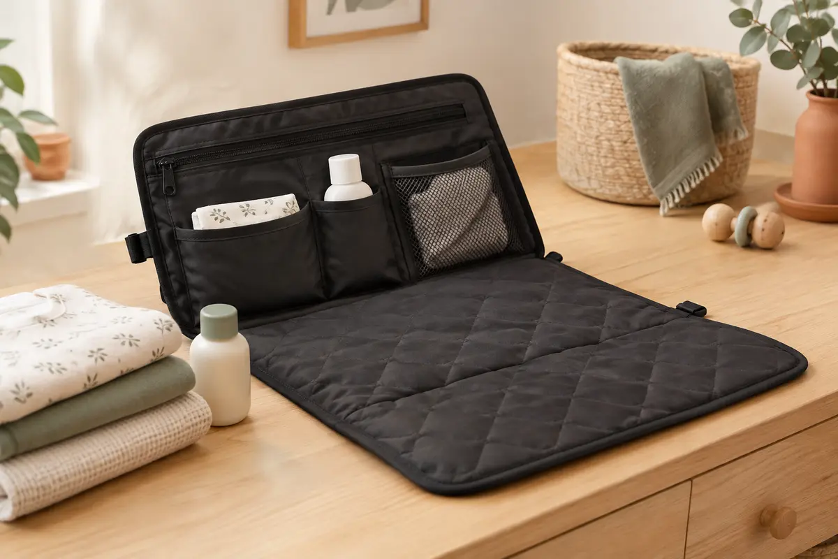 Matelas à langer nomade noir déplié avec ses poches et des couches pliées dans un intérieur clair.