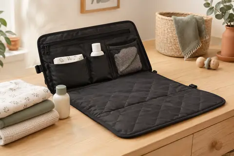 Matelas à langer nomade noir déplié avec ses poches et des couches pliées dans un intérieur clair.