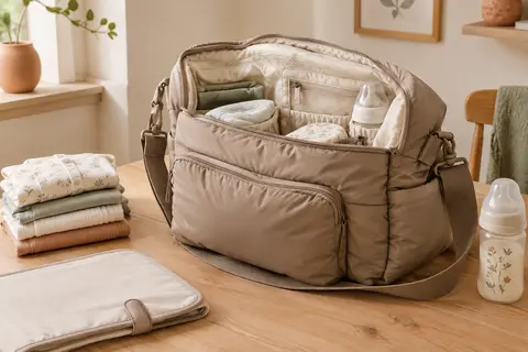 Sac à langer bandoulière marron champagne ouvert, avec couches pliées et biberon à proximité