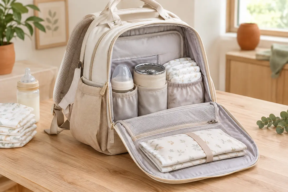 Sac à dos à langer champagne et blanc ouvert avec rangements, matelas portable et accessoires de change