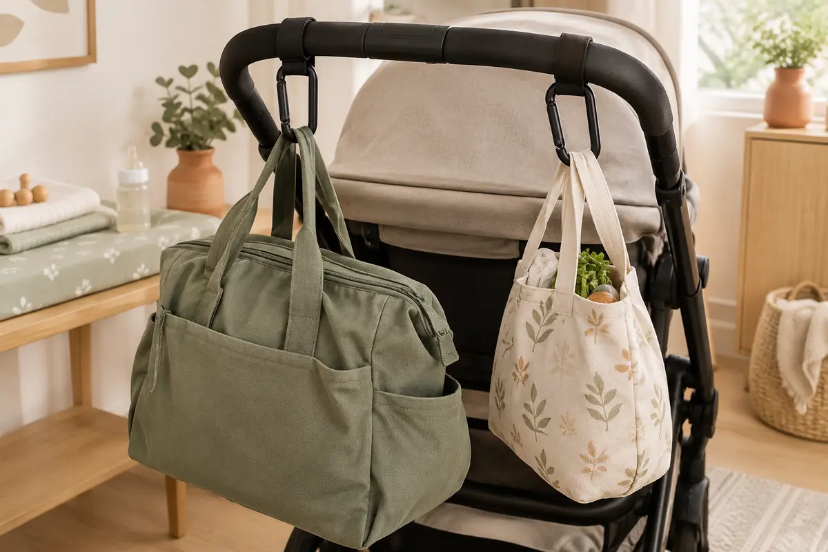 Deux crochets noirs en aluminium fixés à une poussette, avec un sac à langer et un sac suspendus.