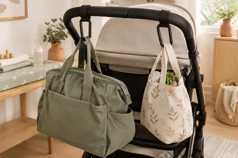 Deux crochets noirs en aluminium fixés à une poussette, avec un sac à langer et un sac suspendus.