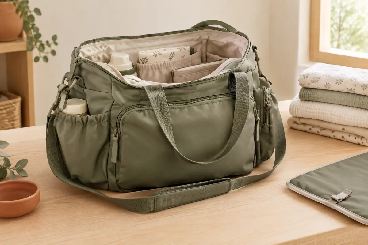 Sac à langer kaki ouvert avec plusieurs poches, une bandoulière et des couches pliées dans un intérieur lumineux.
