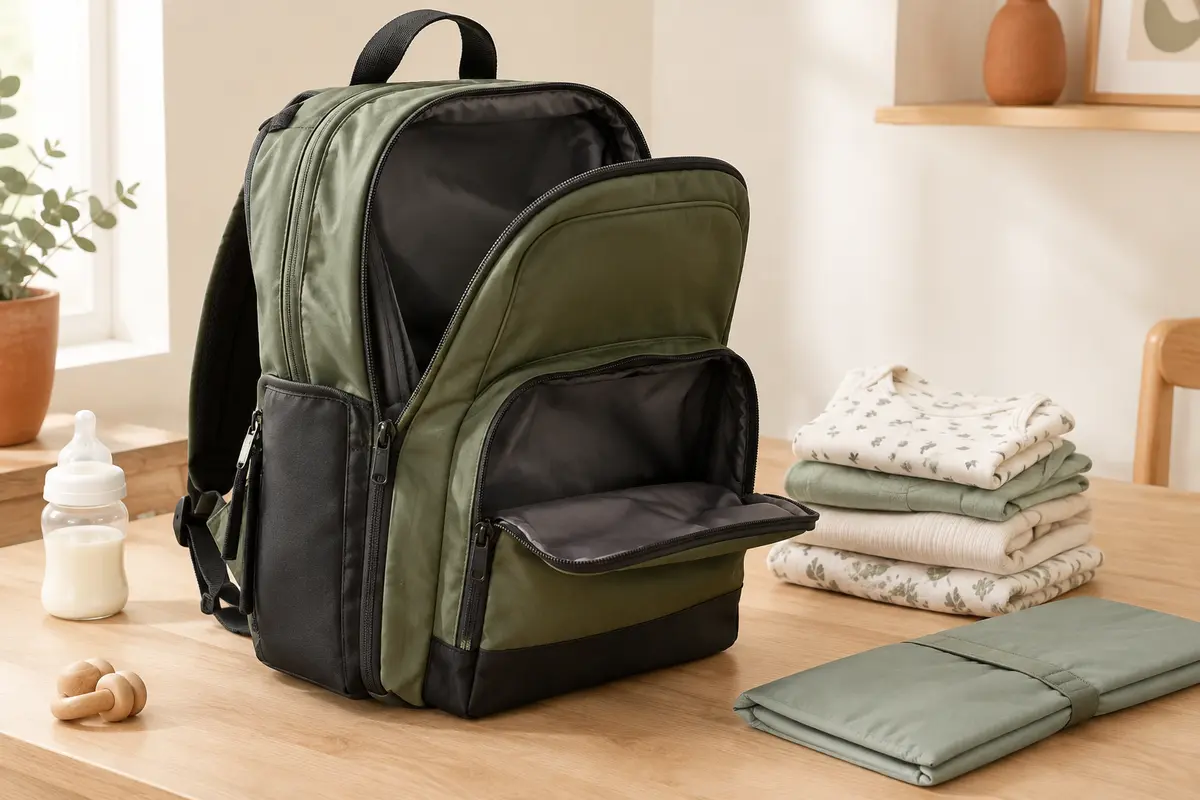 Sac à dos à langer vert et noir ouvert sur une surface en bois, avec des couches pliées à côté.