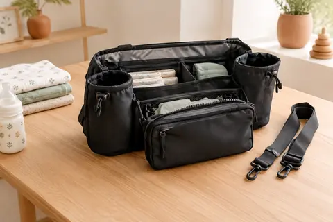 Organiseur de poussette noir ouvert avec deux porte-gobelets, une poche zippée et une bandoulière