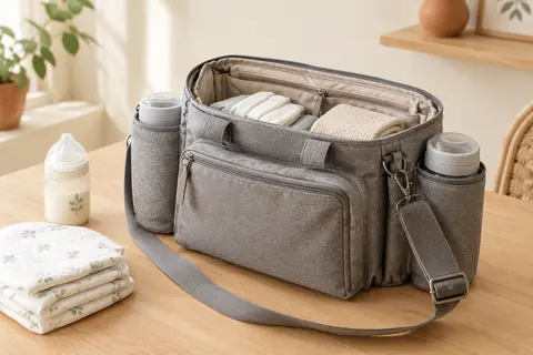 Organisateur de poussette gris avec deux porte-gobelets, compartiments et bandoulière amovible