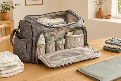 Sac à langer gris à motif géométrique, ouvert avec ses rangements près de couches pliées.