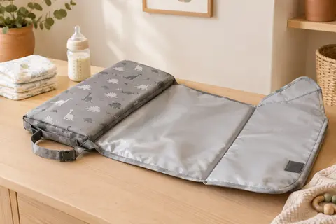 Matelas à langer nomade gris à motif dinosaure, ouvert sur une surface en bois avec couches pliées.
