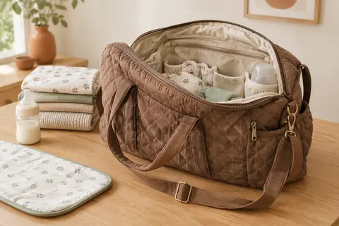Sac à langer matelassé marron ouvert, avec couches pliées, matelas à langer et biberon.