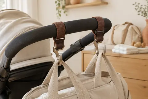Deux crochets métalliques marron à sangles de nylon fixés à une poignée de poussette près d’un sac à langer.
