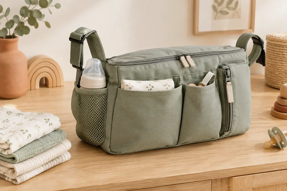 Organisateur de poussette avec trois compartiments et fermeture zippée, présenté près de couches pliées