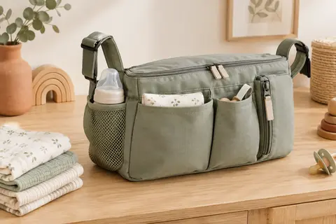 Organisateur de poussette avec trois compartiments et fermeture zippée, présenté près de couches pliées