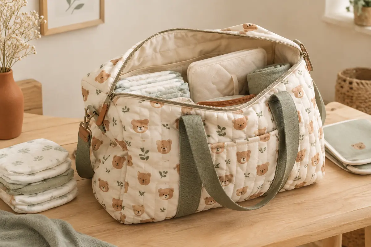 Sac à langer Jadyon matelassé à motif d’ours, ouvert sur une surface en bois clair avec des couches pliées.