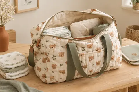 Sac à langer Jadyon matelassé à motif d’ours, ouvert sur une surface en bois clair avec des couches pliées.