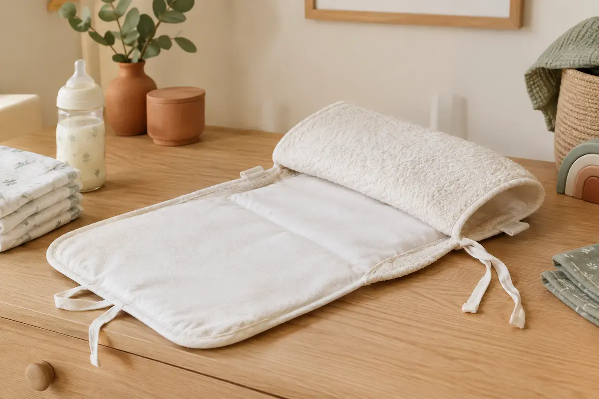 Tapis à langer pliable blanc à l’aspect bouclé, posé ouvert près d’une couche et d’un biberon.
