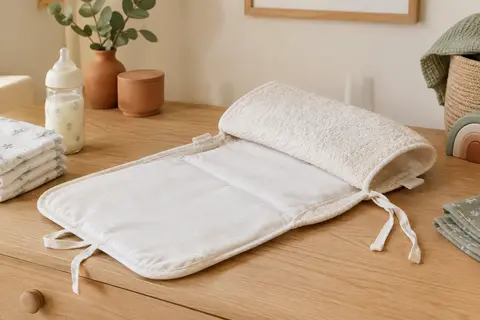 Tapis à langer pliable blanc à l’aspect bouclé, posé ouvert près d’une couche et d’un biberon.