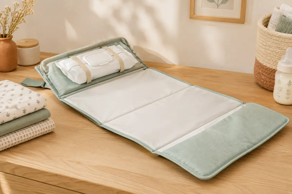 Matelas à langer nomade menthe ouvert sur une surface en bois clair, avec couches pliées et lingettes.