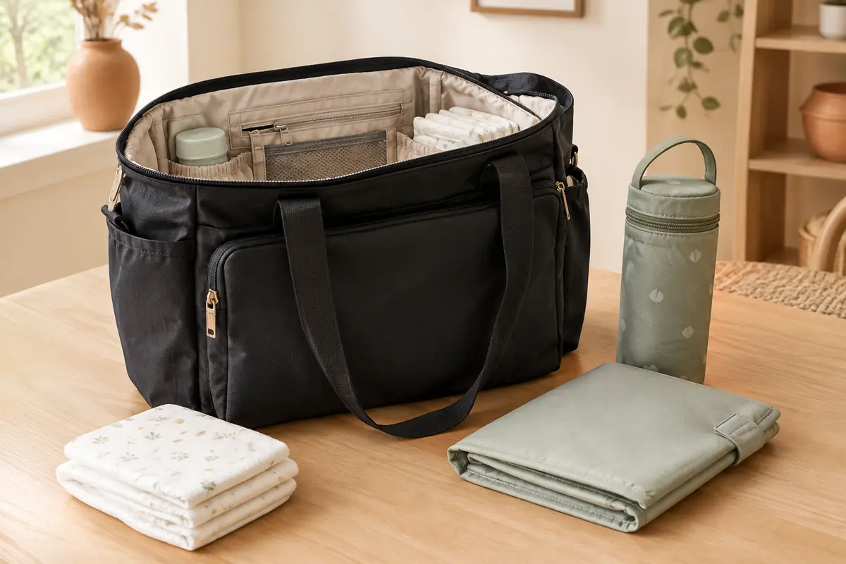 Sac à langer cabas noir ouvert avec matelas nomade et accessoires sur une surface en bois clair.