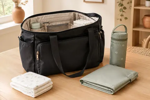 Sac à langer cabas noir ouvert avec matelas nomade et accessoires sur une surface en bois clair.