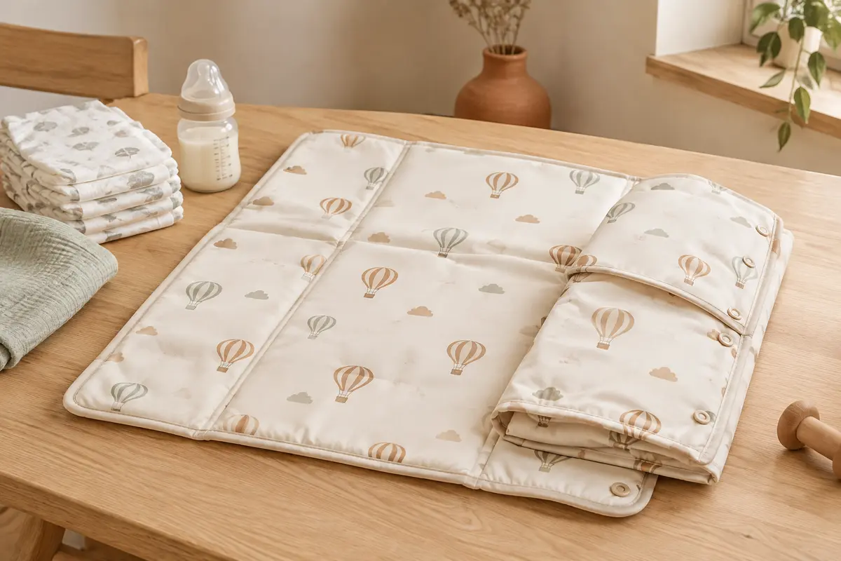 Matelas à langer Kikido pliable en PVC, avec motif de montgolfières et couches pliées sur une surface en bois.