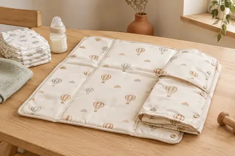 Matelas à langer Kikido pliable en PVC, avec motif de montgolfières et couches pliées sur une surface en bois.