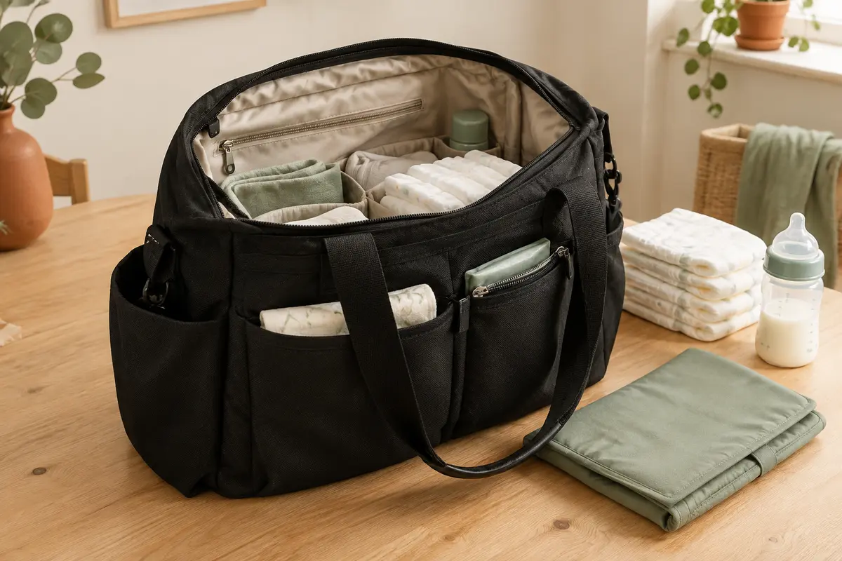 Sac à langer cabas noir ouvert avec poches, tapis à langer, couches pliées et biberon