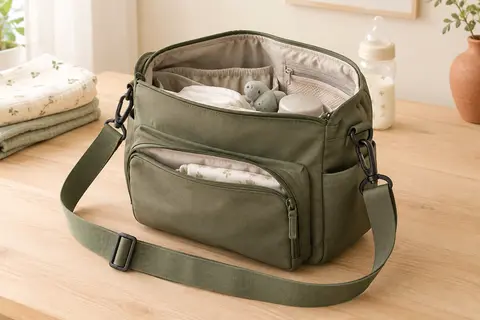 Organisateur de poussette Lässig olive ouvert, avec ses rangements visibles sur une surface en bois clair