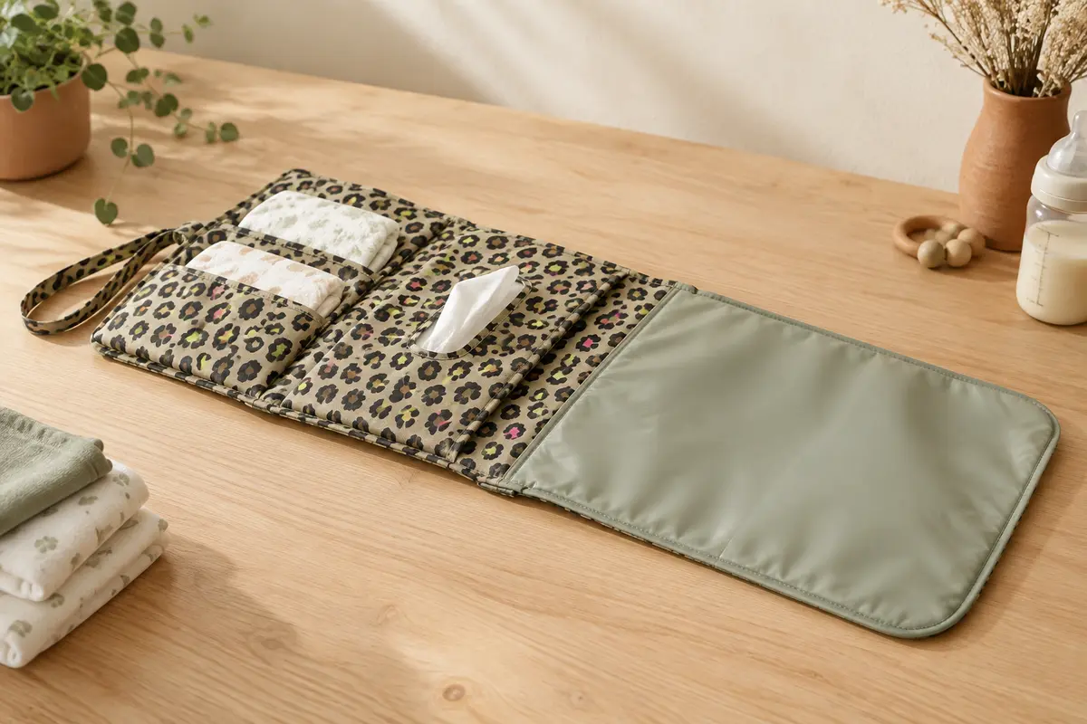 Pochette à couches fine à imprimé léopard kaki ouverte à plat, avec couches, fente à lingettes et matelas à langer intégré déplié