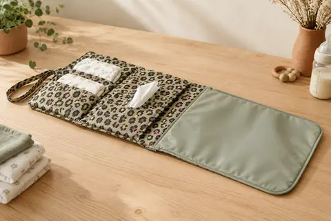 Pochette à couches fine à imprimé léopard kaki ouverte à plat, avec couches, fente à lingettes et matelas à langer intégré déplié