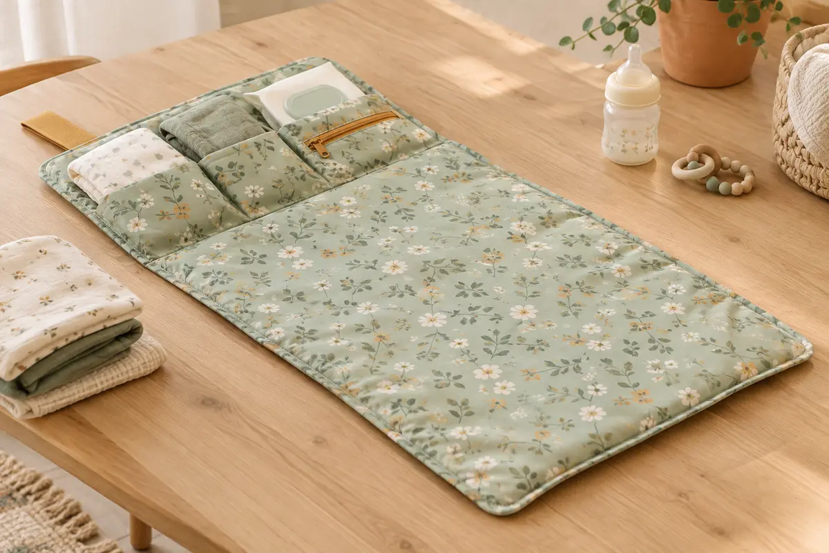 Pochette de change florale menthe dépliée à plat, avec matelas rembourré, couches et lingettes rangées dans ses poches plates