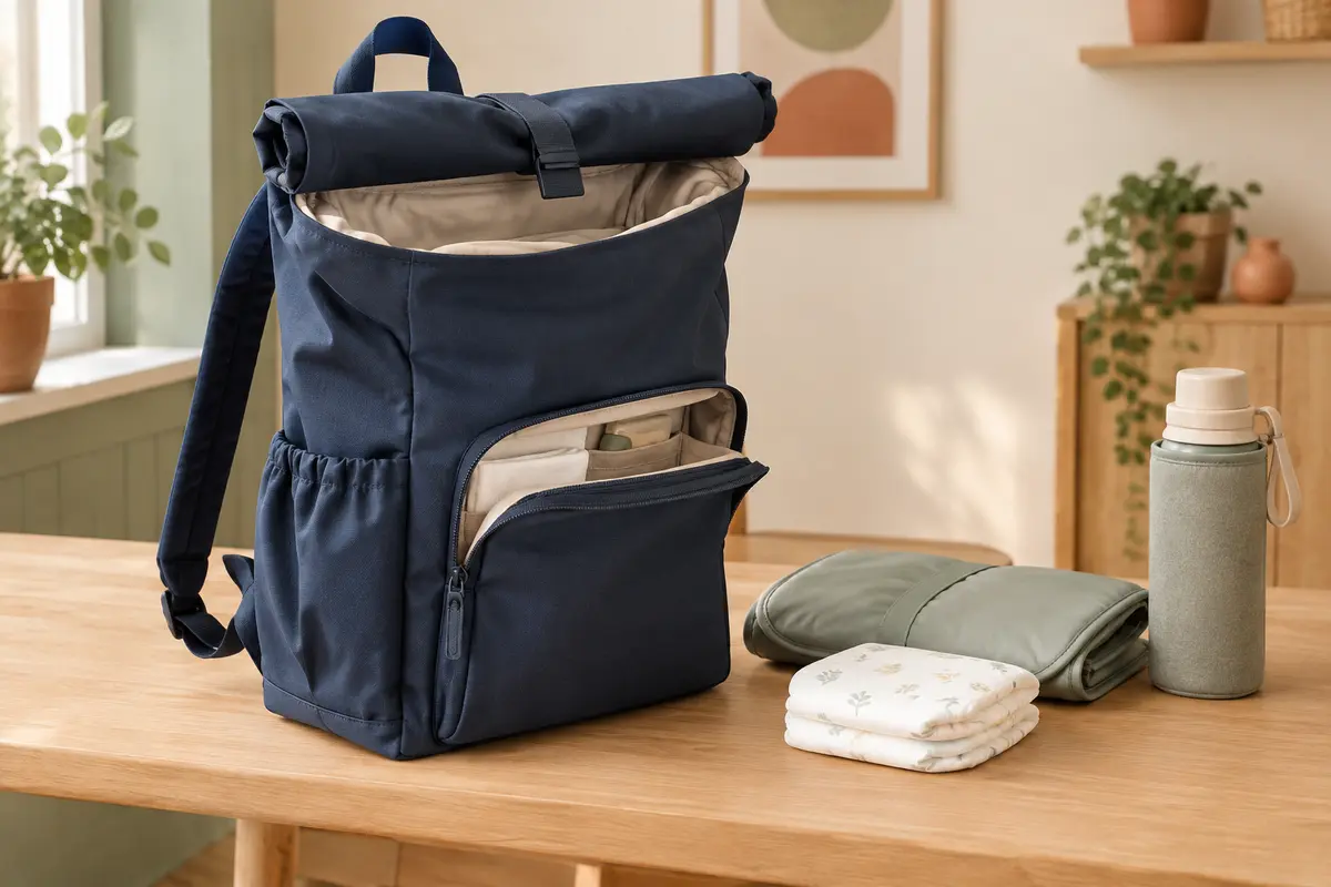 Sac à dos à langer Rolltop bleu nuit ouvert, avec matelas plié et accessoires de change sur une table en bois.