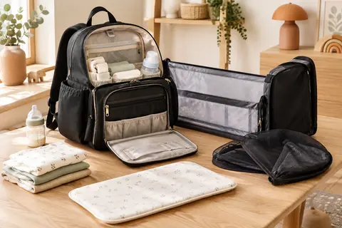 Sac à dos à langer noir ouvert avec compartiments, berceau plié, moustiquaire et accessoires de change