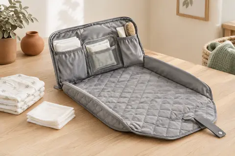 Matelas à langer nomade gris matelassé ouvert sur une surface en bois clair, avec une couche et des lingettes à côté.