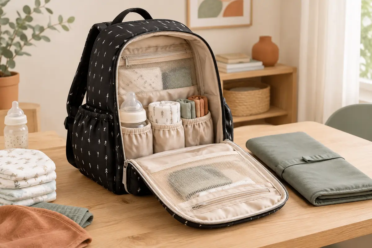 Sac à dos à langer noir à motif flèches, ouvert près de son matelas pliable et de couches
