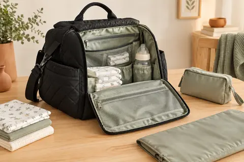 Sac à langer bandoulière noir matelassé ouvert, avec ses poches, une pochette et un matelas nomade