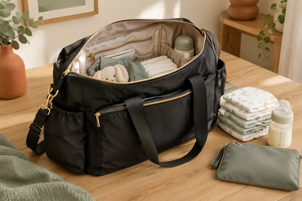 Sac à langer noir ouvert avec ses compartiments, une pochette, des couches pliées et un biberon.