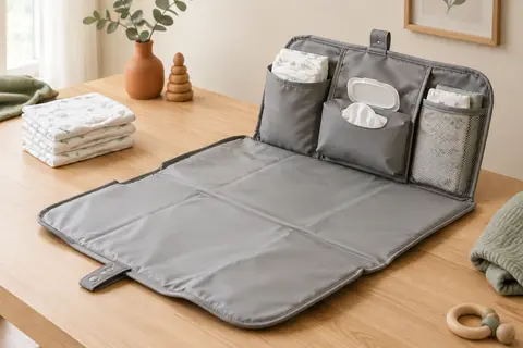 Matelas à langer nomade gris Lifefluent ouvert près de couches pliées sur une table en bois clair.