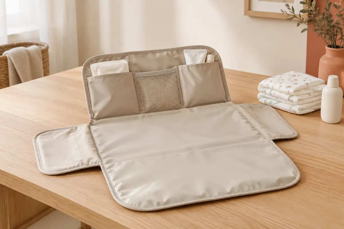 Matelas à langer nomade ouvert avec ses pochettes, posé près de couches pliées sur une surface en bois.