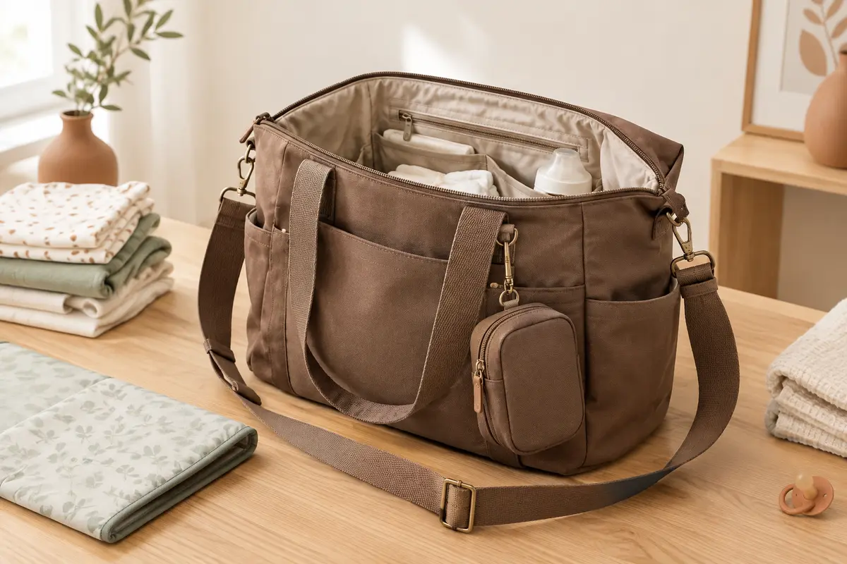 Sac à langer cabas marron ouvert, avec ses poches, sa bandoulière et des couches pliées à côté.