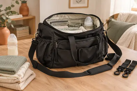 Sac à langer noir convertible ouvert, avec couches pliées et biberon sur une surface en bois blond.