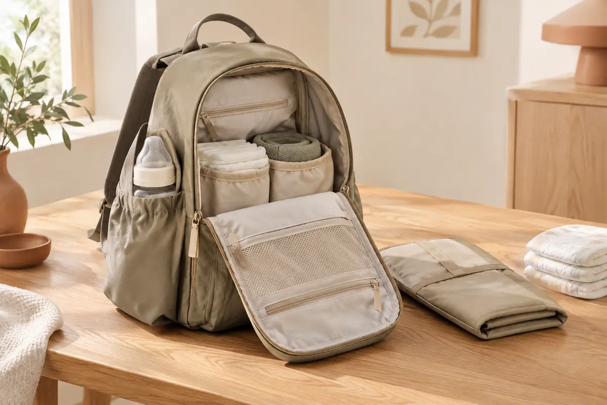 Sac à dos à langer beige kaki ouvert avec tapis plié, couches et biberon dans un intérieur lumineux