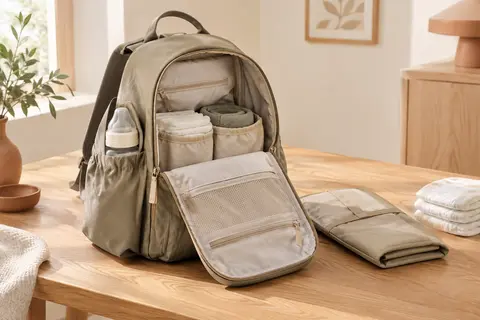 Sac à dos à langer beige kaki ouvert avec tapis plié, couches et biberon dans un intérieur lumineux