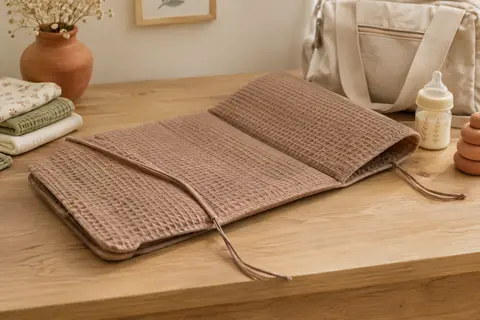 Matelas à langer nomade pliable en coton gaufré marron pastel posé près de couches pliées