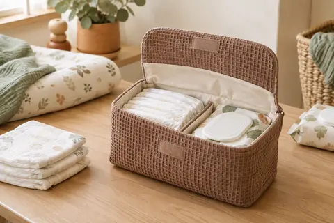 Pochette marron pastel en coton gaufré ouverte près de couches pliées et de lingettes