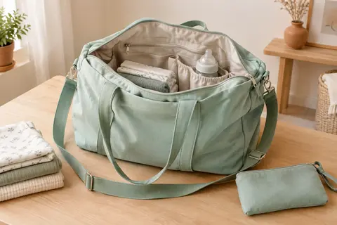 Sac de maternité en coton vert menthe ouvert, avec poches intérieures, poignées et pochette assortie.