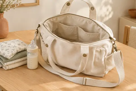 Sac à langer en coton écru ouvert, avec couches pliées et biberon posé sur une table en bois clair.