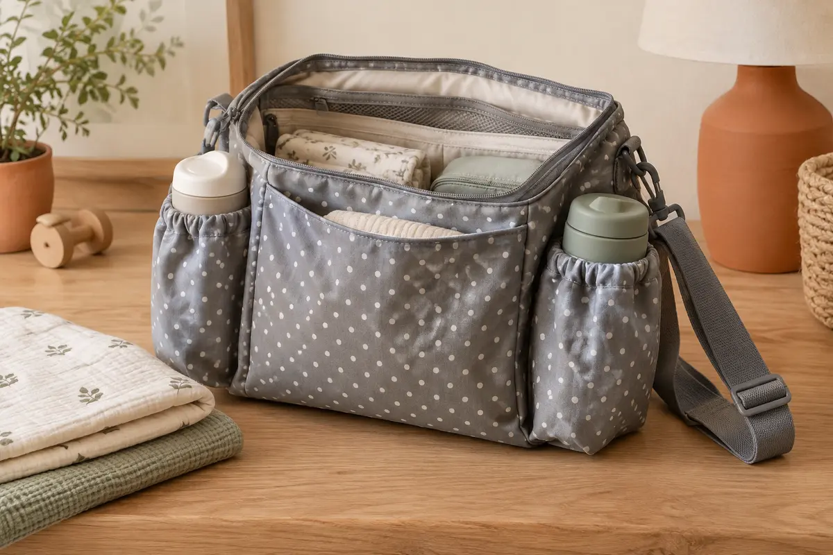 Organisateur de poussette gris à pois, montré de trois-quarts avec ses poches et ses deux porte-gobelets.