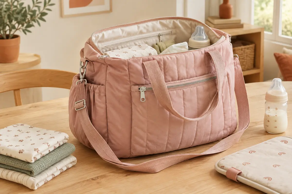 Sac à langer rosé en nylon ouvert, avec couches pliées et biberon sur une table en bois clair