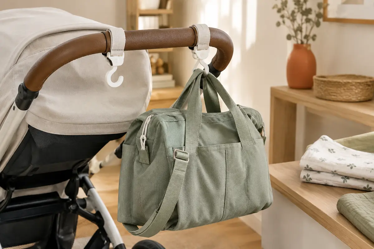 Deux crochets blancs à sangle réglable fixés à la poignée d’une poussette avec un sac à langer
